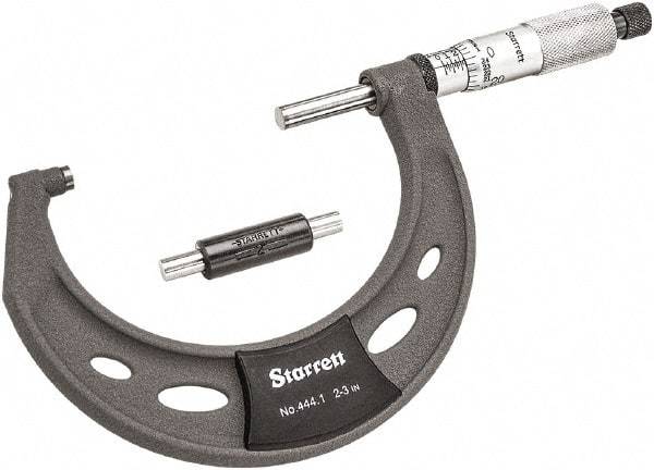 Starrett - 2 to 3" Range, 0.0001" Graduation, Mechanical Outside Micrometer - Ratchet Thimble, 1-3/4" Throat Depth, Accurate to 0.0001" - Exact Tool & Supply