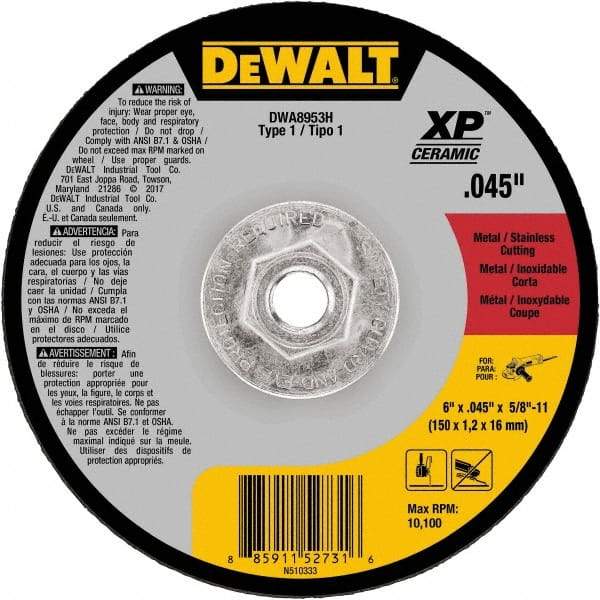 DeWALT - 6" Ceramic Cutoff Wheel - 0.045" Thick, 5/8-11 Arbor, 10,100 Max RPM, Use with Angle Grinders - Exact Tool & Supply