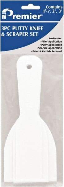 Premier Paint Roller - Stiff Plastic Beveled Scraper Set - 1-1/2, 2 & 3" Blade Width x 3-1/2" Blade Length, 3-1/2" Long Straight Plastic Handle - Exact Tool & Supply