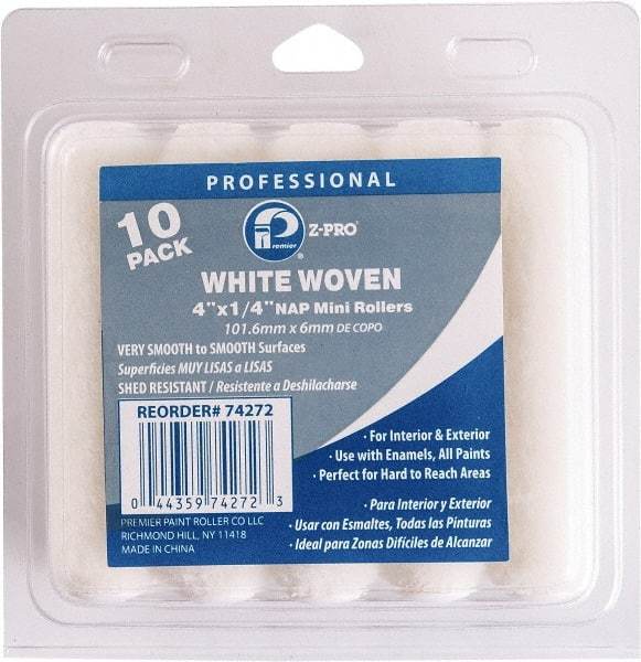 Premier Paint Roller - 1/4" Nap, 4" Wide Paint Mini Roller Covers - Smooth Texture, Woven - Exact Tool & Supply