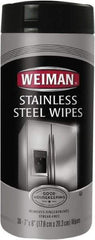 Weiman - Pre-Moistened Stainless Steel Cleaner Wipes - Canister, 8" x 7" Sheet Size, White - Exact Tool & Supply