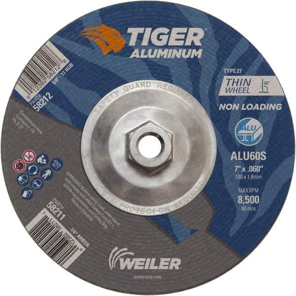 Weiler - 7" 60 Grit Aluminum Oxide/Silicon Carbide Blend Cutoff Wheel - 0.06" Thick, 5/8-11 Arbor, 8,500 Max RPM, Use with Angle Grinders - Exact Tool & Supply