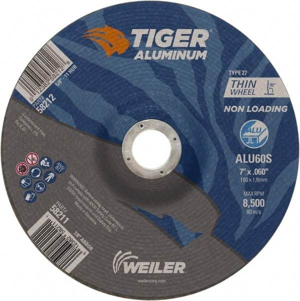 Weiler - 7" 60 Grit Aluminum Oxide/Silicon Carbide Blend Cutoff Wheel - 0.06" Thick, 7/8" Arbor, 8,500 Max RPM, Use with Angle Grinders - Exact Tool & Supply
