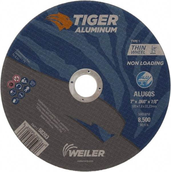 Weiler - 7" 60 Grit Aluminum Oxide/Silicon Carbide Blend Cutoff Wheel - 0.06" Thick, 7/8" Arbor, 8,500 Max RPM, Use with Angle Grinders - Exact Tool & Supply