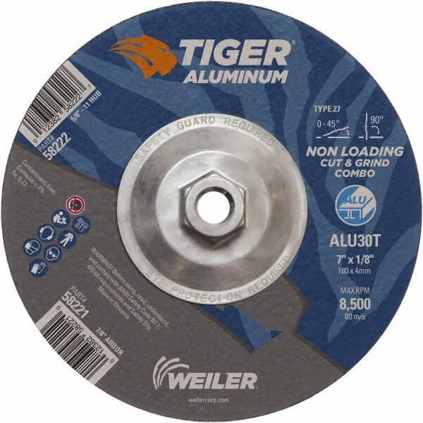 Weiler - 7" 30 Grit Aluminum Oxide/Silicon Carbide Blend Cutoff Wheel - 1/8" Thick, 5/8-11 Arbor, 8,500 Max RPM, Use with Angle Grinders - Exact Tool & Supply