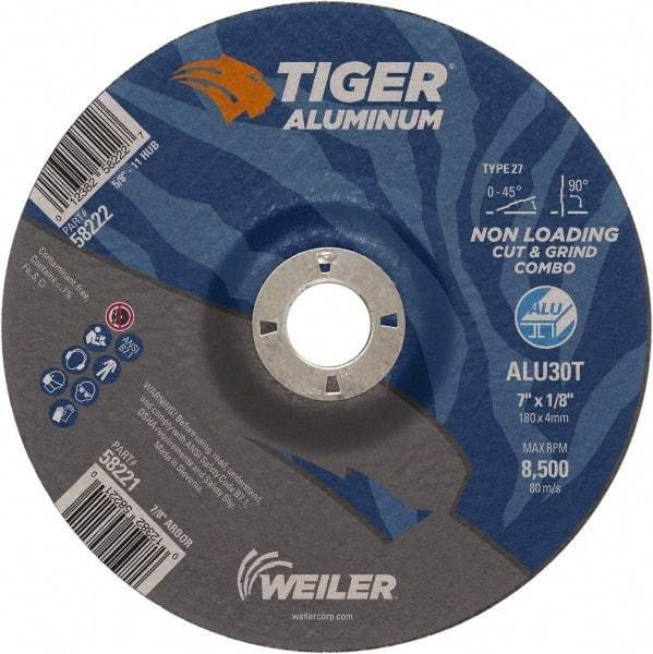 Weiler - 7" 30 Grit Aluminum Oxide/Silicon Carbide Blend Cutoff Wheel - 1/8" Thick, 7/8" Arbor, 8,500 Max RPM, Use with Angle Grinders - Exact Tool & Supply