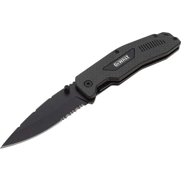 Stanley - 3-1/2" Blade, 8" OAL, Serrated & Straight Pocket Knife - 4-3/4" Closed Length, Carbon Fiber, 1 Blade, 1 Edge - Exact Tool & Supply