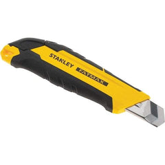 Stanley - Snap Utility Knife - 4.35" Carbon Steel Blade, Yellow & Black Bi-Material -ABS/TPR Handle, 1 Blade Included - Exact Tool & Supply