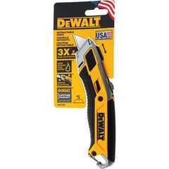 Stanley - Retractable Utility Knife - 2-1/2" Carbon Steel Blade, Yellow & Black Bi-Material -ABS/TPR Handle, 5 Blades Included - Exact Tool & Supply