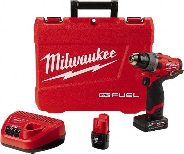 Milwaukee Tool - 12 Volt 1/2" Chuck Pistol Grip Handle Cordless Drill - 0-1700 RPM, Keyless Chuck, Reversible, 2 Lithium-Ion Batteries Included - Exact Tool & Supply