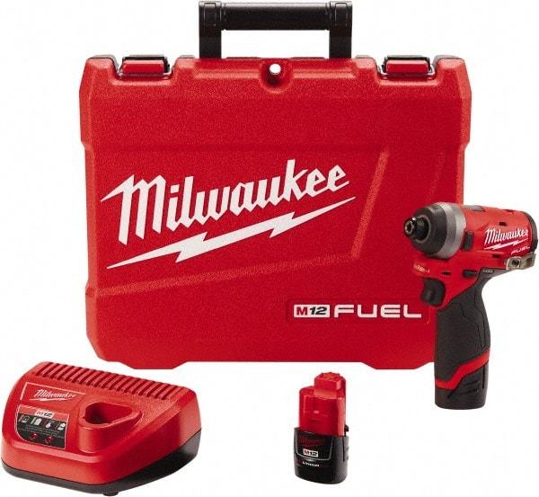 Milwaukee Tool - 1/4" Drive 12 Volt Pistol Grip Cordless Impact Wrench & Ratchet - 3,300 RPM, 0 to 4,000 BPM, 1,300 Ft/Lb Torque, 2 Lithium-Ion Batteries Included - Exact Tool & Supply
