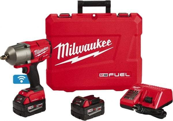 Milwaukee Tool - 1/2" Drive 18 Volt Pistol Grip Cordless Impact Wrench & Ratchet - 1,750 RPM, 0 to 2,100 BPM, 1,400 Ft/Lb Torque, 2 Lithium-Ion Batteries Included - Exact Tool & Supply