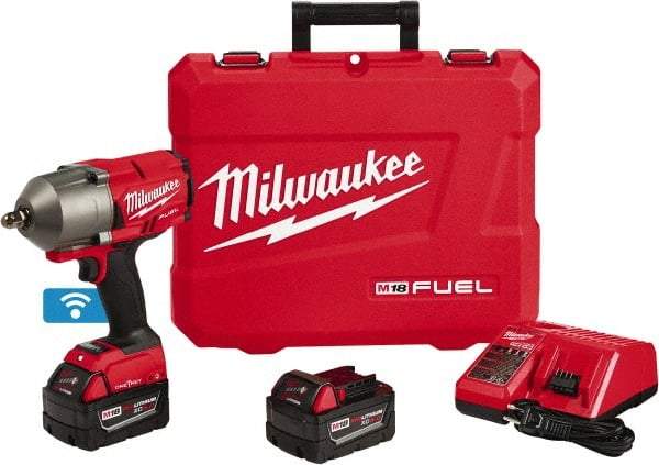 Milwaukee Tool - 1/2" Drive 18 Volt Pistol Grip Cordless Impact Wrench & Ratchet - 1,800 RPM, 0 to 2,400 BPM, 1,100 Ft/Lb Torque, 2 Lithium-Ion Batteries Included - Exact Tool & Supply