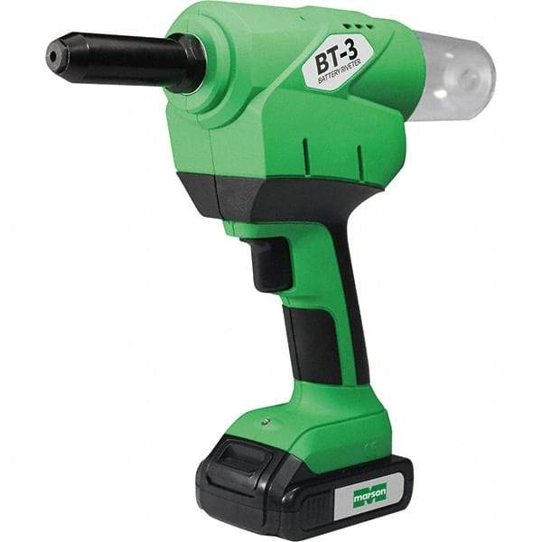 Marson - 3/16 to 1/4" Closed End Rivet Capacity , 4,600 Lb Pull Force Cordless Electric Riveter - 1.18" Stroke Length, 20 VDC, Mandrel Collection, Battery Included - Exact Tool & Supply