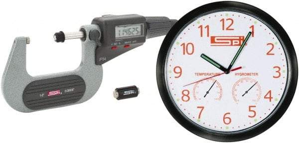 SPI - 1 to 2" Range, 0.00005" Resolution, Standard Throat IP54 Electronic Outside Micrometer - 0.00016" Accuracy, Friction Thimble, Carbide-Tipped Face, LR44 Battery, Includes NIST Traceable Certification of Inspection - Exact Tool & Supply