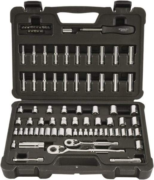 Stanley - 85 Piece 1/4" & 3/8" Drive Chrome Finish Socket Set - 12 Points, 5/32" to 7/8" (4mm to 19mm) Range, Inch/Metric Measurement Standard - Exact Tool & Supply