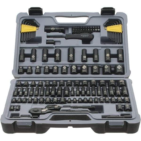 Stanley - 123 Piece 1/4" Drive Black Chrome Finish Socket Set - 12 Points, 5/32" to 1/2" (4mm to 12mm) Range, Inch/Metric Measurement Standard - Exact Tool & Supply