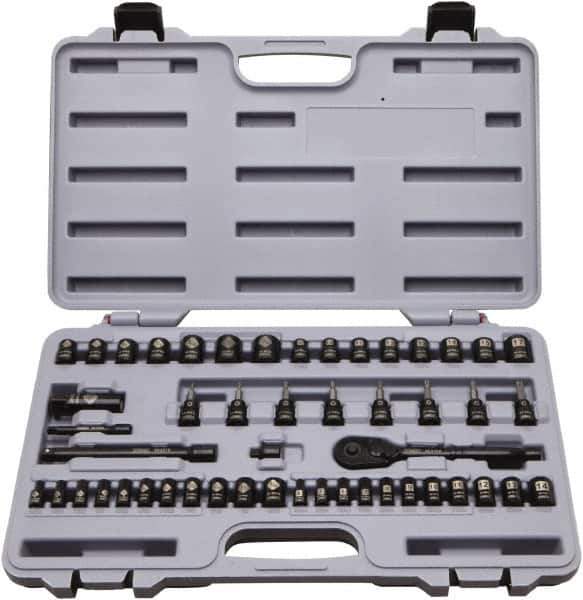 Stanley - 50 Piece 1/4 & 3/8" Drive Standard Socket Set - 5/32 to 9/16", 4 to 18mm, Inch/Metric Measurement Standard - Exact Tool & Supply