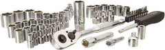 Stanley - 60 Piece 1/4" & 3/8" Drive Chrome Finish Deep Well Socket Set - 6 Points, 5/32" to 13/16" (4mm to 19mm) Range, Inch/Metric Measurement Standard - Exact Tool & Supply