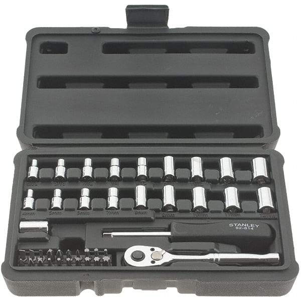 Stanley - 41 Piece 1/4" Drive Chrome Finish Socket Set - 12 Points, 5/32" to 11/16" (4mm to 17mm) Range, Inch/Metric Measurement Standard - Exact Tool & Supply