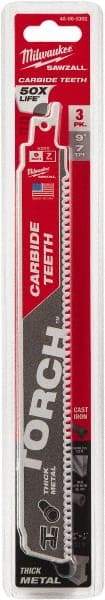 Milwaukee Tool - 9" Long x 1" Thick, Carbide Reciprocating Saw Blade - Straight Profile, 7 TPI, Toothed Edge, Universal Shank - Exact Tool & Supply