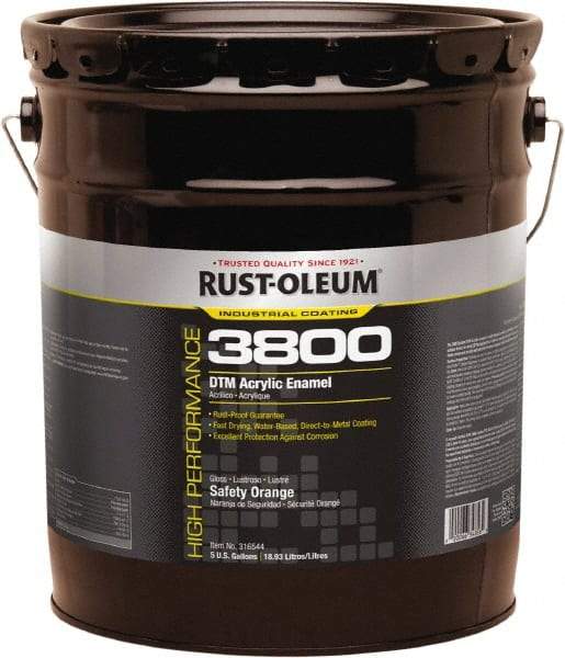Rust-Oleum - 5 Gal Safety Orange Gloss Finish Acrylic Enamel Paint - 150 to 270 Sq Ft per Gal, Interior/Exterior, Direct to Metal - Exact Tool & Supply