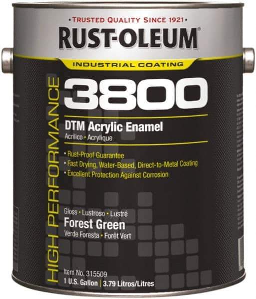 Rust-Oleum - 1 Gal Forest Green Gloss Finish Acrylic Enamel Paint - 150 to 270 Sq Ft per Gal, Interior/Exterior, Direct to Metal - Exact Tool & Supply