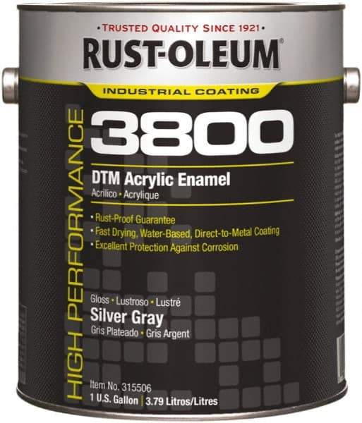 Rust-Oleum - 1 Gal Silver Gray Gloss Finish Acrylic Enamel Paint - 150 to 270 Sq Ft per Gal, Interior/Exterior, Direct to Metal - Exact Tool & Supply