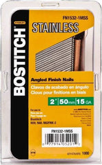 Stanley Bostitch - 15 Gauge 0.07" Shank Diam 2" Long Finishing Nails for Power Nailers - Stainless Steel, Smooth Shank, Angled Stick Adhesive Collation, Round Head, Chisel Point - Exact Tool & Supply