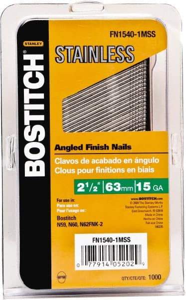 Stanley Bostitch - 15 Gauge 0.07" Shank Diam 2-1/2" Long Finishing Nails for Power Nailers - Stainless Steel, Smooth Shank, Angled Stick Adhesive Collation, Round Head, Chisel Point - Exact Tool & Supply