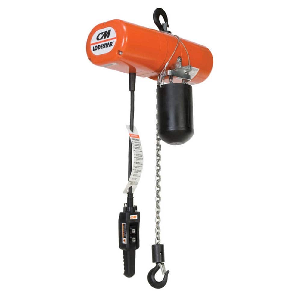 CM - Electric Hoists; Type: Electric Chain Hoist ; Load Capacity (Ton): 1/2 ; Load Capacity (Lb.): 1000.000 ; Lifting Speed in Ft/Min: 32 ; Maximum Lift Distance (Feet): 10 ; Minimum Headroom (Inch): 15-9/16 - Exact Tool & Supply