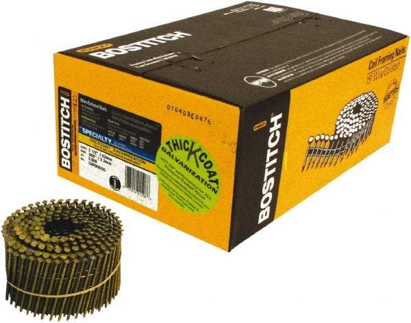 Stanley Bostitch - 13 Gauge 2-1/2" Long Siding Nails for Power Nailers - Steel, Galvanized Finish, Ring Shank, Coil Wire Collation, Round Head, Blunt Diamond Point - Exact Tool & Supply