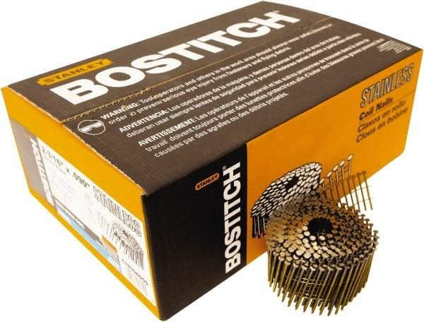 Stanley Bostitch - 13 Gauge 2-3/16" Long Siding Nails for Power Nailers - Steel, Stainless Steel Finish, Ring Shank, Coil Wire Collation, Round Head, Blunt Diamond Point - Exact Tool & Supply