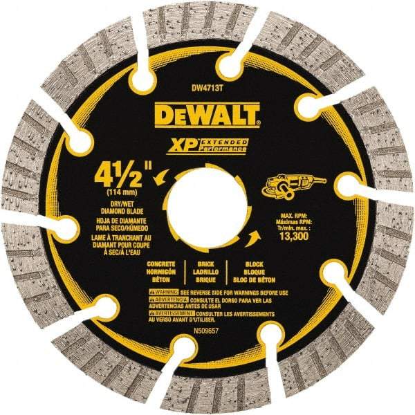 DeWALT - 4-1/2" Diam, 5/8" Arbor Hole Diam, 10 Tooth Wet & Dry Cut Saw Blade - Diamond Matrix, Fast Cutting Action, Standard Round Arbor - Exact Tool & Supply