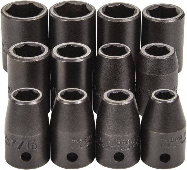 Proto - 12 Piece 1/2" Drive Full Polish Finish Impact Socket Set - 6 Points, 3/4" to 3/4" (8mm to 19mm) Range, Inch/Metric Measurement Standard - Exact Tool & Supply