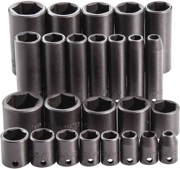 Proto - 25 Piece 3/8" Drive Full Polish Finish Deep Well Impact Socket Set - 6 Points, 1" to 1" Range, Inch Measurement Standard - Exact Tool & Supply