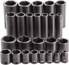 Proto - 25 Piece 3/8" Drive Full Polish Finish Deep Well Impact Socket Set - 6 Points, 1" to 1" Range, Inch Measurement Standard - Exact Tool & Supply