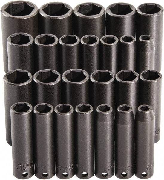 Proto - 25 Piece 3/8" Drive Deep Impact Socket Set - 6 Points, 15/16 to 1", 7 to 19mm, Inch/Metric Measurement Standard - Exact Tool & Supply
