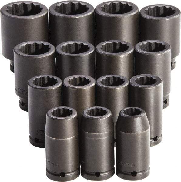 Proto - 15 Piece 3/4" Drive Full Polish Finish Deep Well Impact Socket Set - 12 Points, 19mm to 43mm Range, Metric Measurement Standard - Exact Tool & Supply