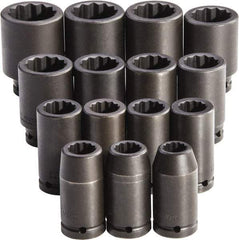Proto - 15 Piece 3/4" Drive Full Polish Finish Deep Well Impact Socket Set - 12 Points, 19mm to 43mm Range, Metric Measurement Standard - Exact Tool & Supply