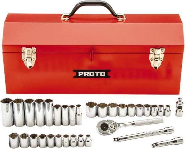 Proto - 34 Piece 3/8" Drive Chrome Finish Deep Well Socket Set - 12 Points, 5/16" (8mm to 19mm) Range, Inch/Metric Measurement Standard - Exact Tool & Supply