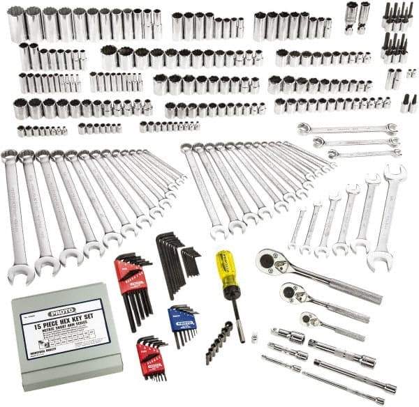 Proto - 302 Piece 1/4", 3/8" & 1/2" Drive Full Polish Finish Deep Well Socket Set - 6, 12 Points, 1/4" to 1-1/4" (4mm to 24mm) Range, Inch/Metric Measurement Standard - Exact Tool & Supply