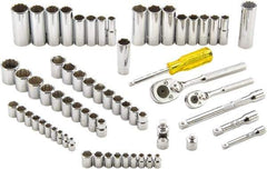 Proto - 65 Piece 1/4" & 3/8" Drive Full Polish Finish Deep Well Socket Set - 6, 12 Points, 1/4" to 7/8" (4mm to 19mm) Range, Inch/Metric Measurement Standard - Exact Tool & Supply