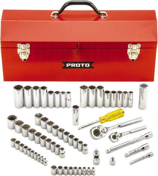Proto - 65 Piece 1/4" & 3/8" Drive Full Polish Finish Deep Well Socket Set - 6, 12 Points, 1/4" to 7/8" (4mm to 19mm) Range, Inch/Metric Measurement Standard - Exact Tool & Supply