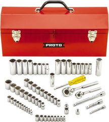 Proto - 65 Piece 1/4" & 3/8" Drive Full Polish Finish Deep Well Socket Set - 6, 12 Points, 1/4" to 7/8" (4mm to 19mm) Range, Inch/Metric Measurement Standard - Exact Tool & Supply
