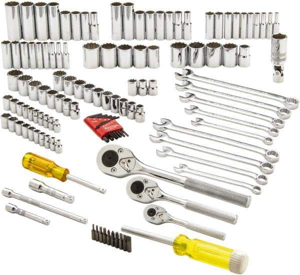 Proto - 125 Piece 1/4", 3/8" & 1/2" Drive Full Polish Finish Deep Well Socket Set - 6, 8, 12 Points, 1/4" to 13/16" (4mm to 24mm) Range, Inch/Metric Measurement Standard - Exact Tool & Supply