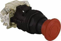 Schneider Electric - 30mm Mount Hole, Extended Mushroom Head, Pushbutton Switch with Contact Block - Round, Red Pushbutton, Maintained (MA) - Exact Tool & Supply