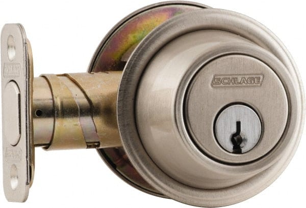 Schlage - 1-3/8 to 1-3/4" Door Thickness, Satin Chrome Finish, Single Cylinder Deadbolt with Thumb Turn - - Exact Tool & Supply