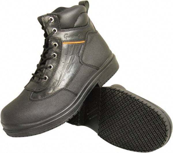 Genuine Grip - Unisex Size 5 Wide Width Steel Work Boot - Black, Leather Upper, Rubber Outsole, 6" High, Dielectric, Non-Slip, Waterproof - Exact Tool & Supply
