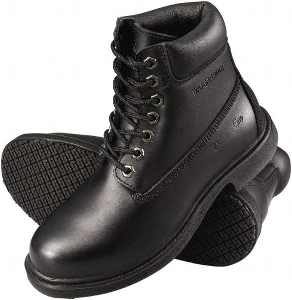 Genuine Grip - Men's Size 12 Wide Width Steel Work Boot - Black, Leather Upper, Rubber Outsole, 6" High, Dielectric, Non-Slip, Waterproof - Exact Tool & Supply